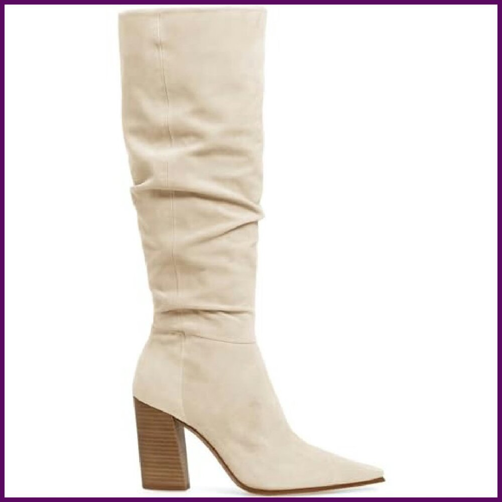 Women's Faux Suede Knee High Boots Pointed Toe Chunky Heel Side Zipper - Picture 5 of 8